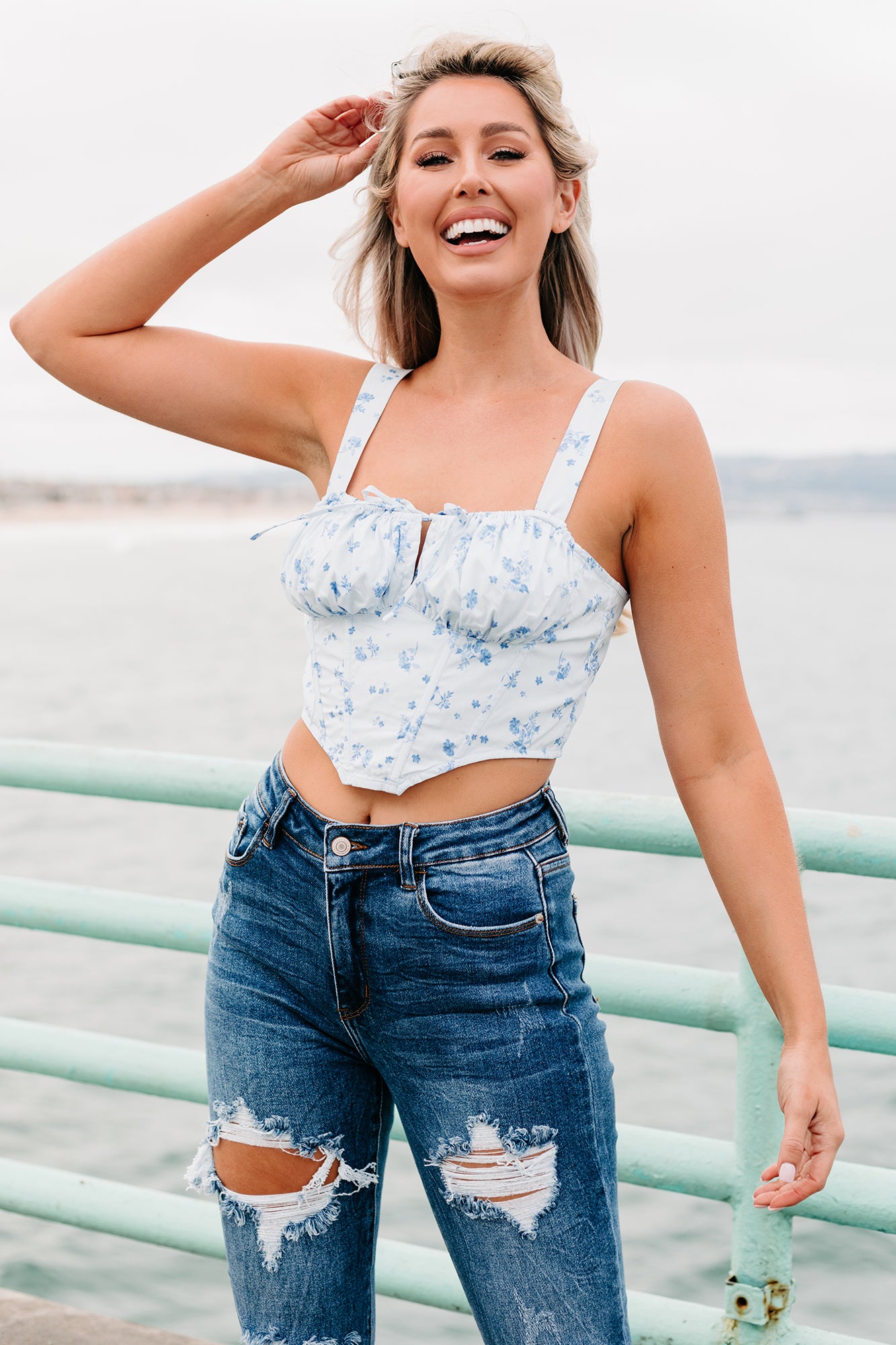 Rodeo Drive Floral Crop Top (Chambray) - NanaMacs