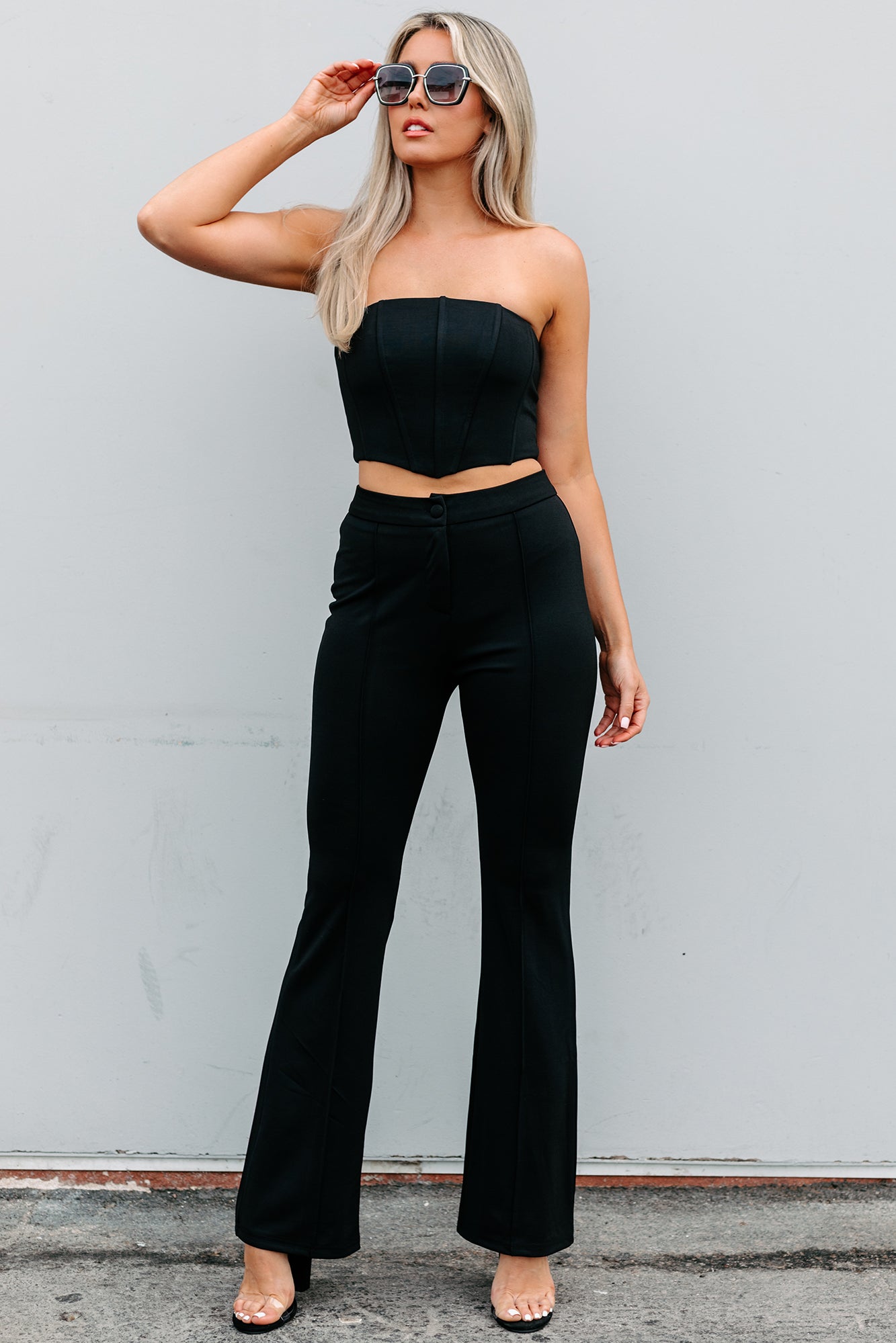 Nightlife Necessity Cropped Corset & Flared Pants Set (Black) · NanaMacs