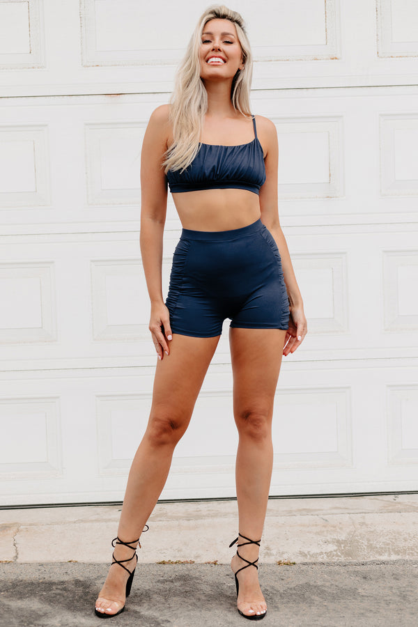 Cool Demeanor Shirred Crop Top & Shorts Two Piece Set (Navy) - NanaMacs