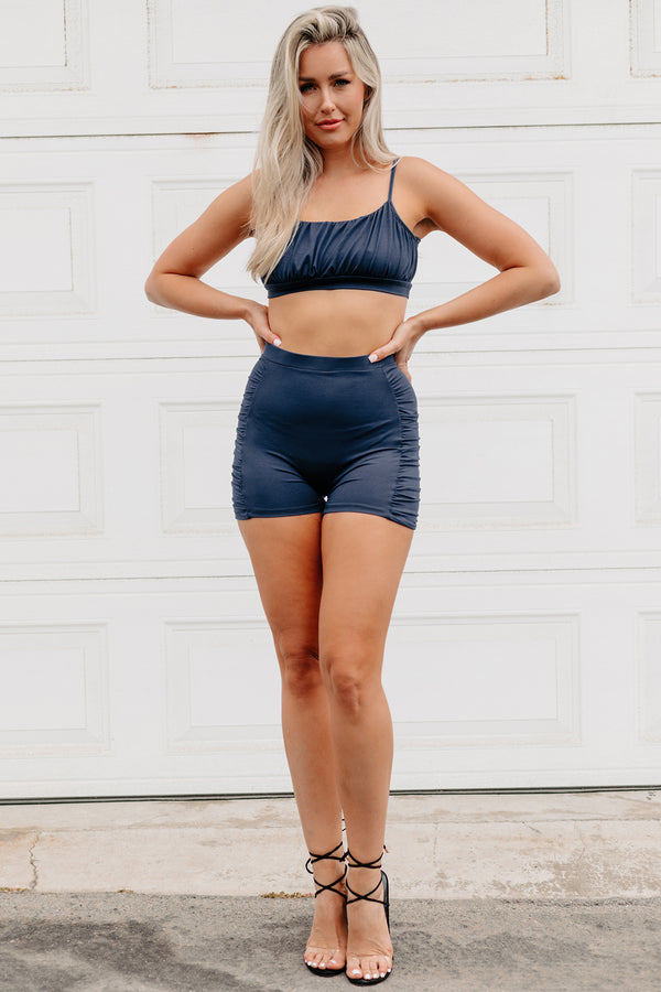 Cool Demeanor Shirred Crop Top & Shorts Two Piece Set (Navy) - NanaMacs