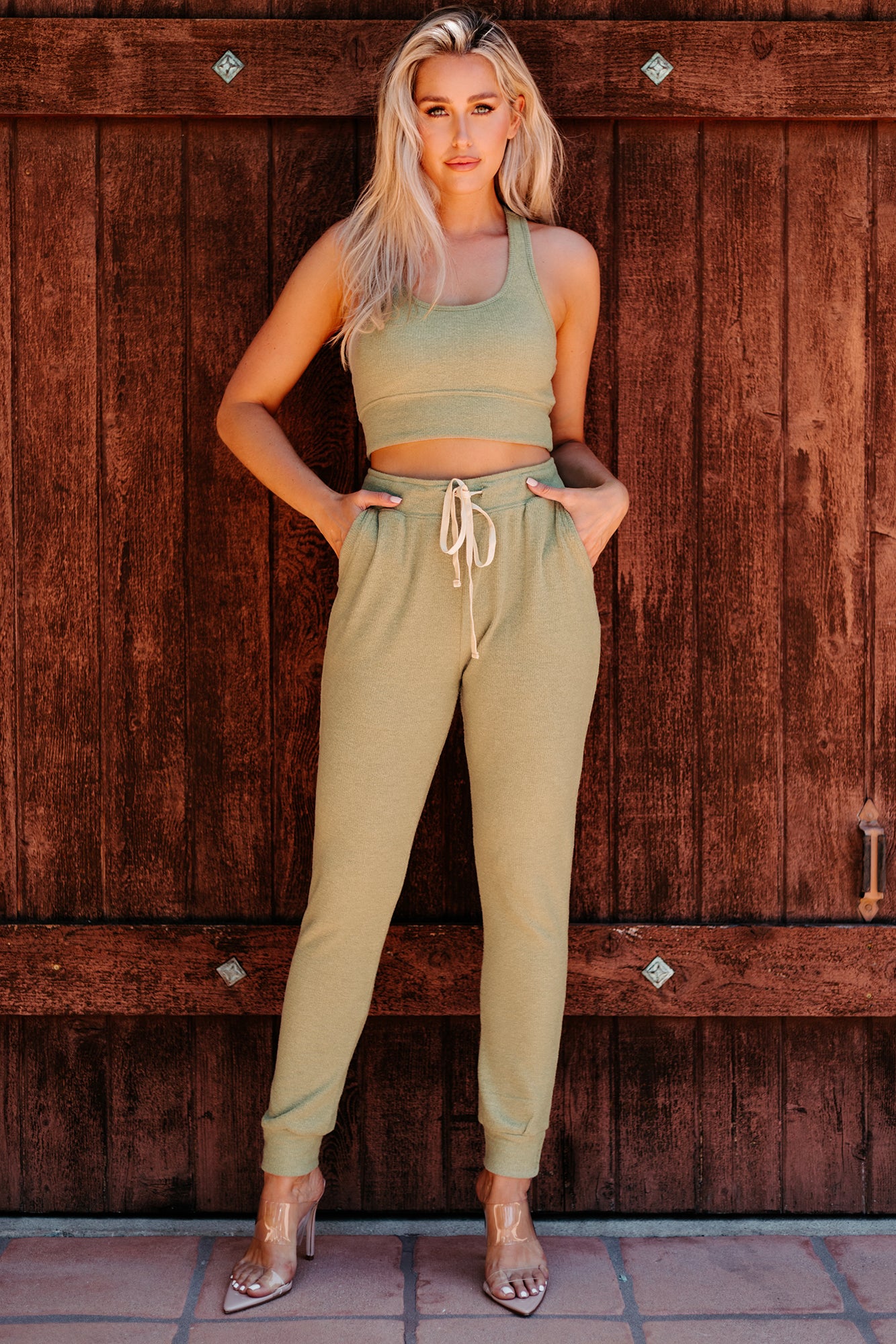 Getting Comfortable Ribbed Fuzzy Knit Two Piece Set (Dusty Sage