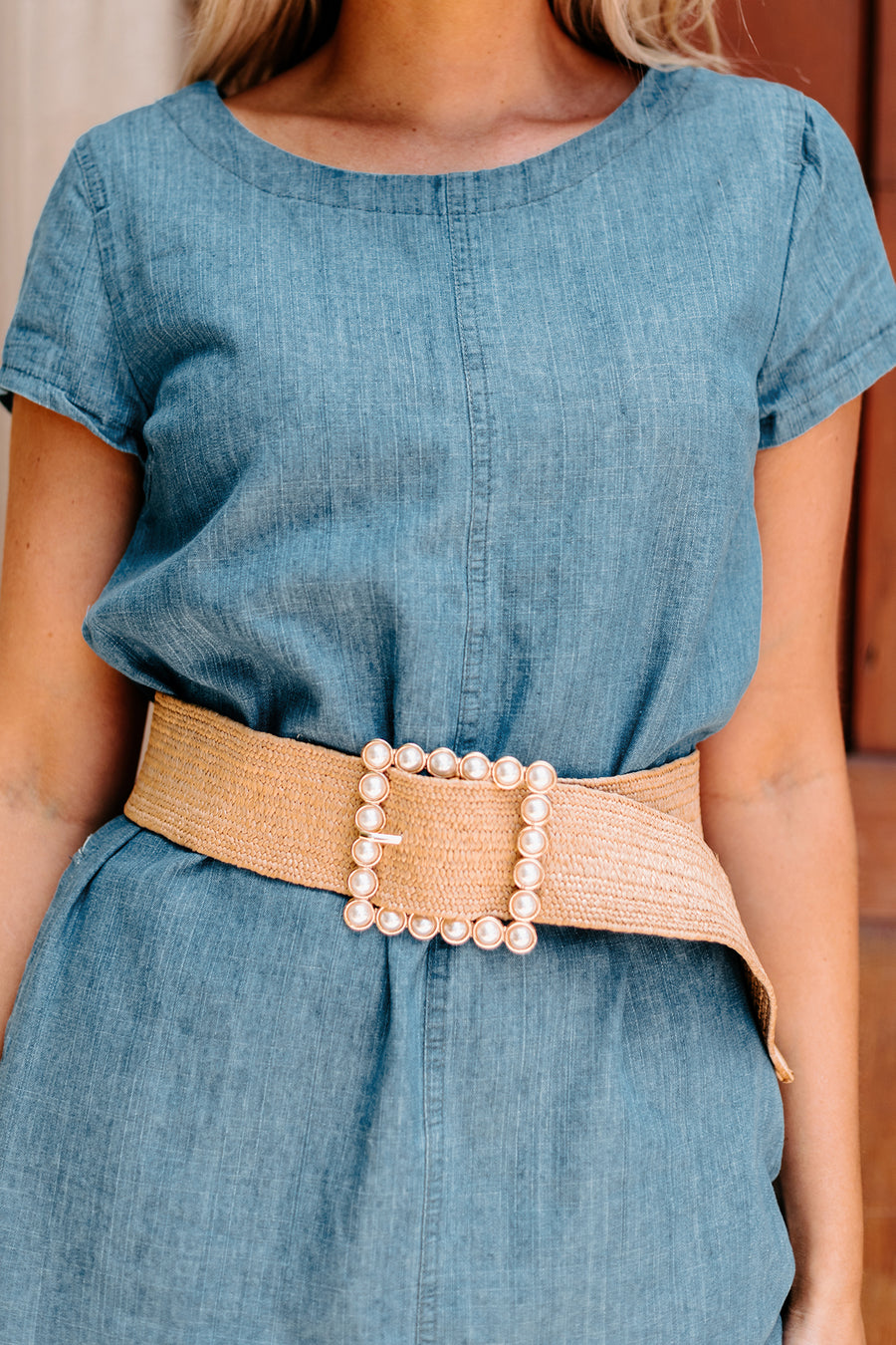 Something Extra Pearl Buckle Woven Elastic Belt (Khaki) - NanaMacs