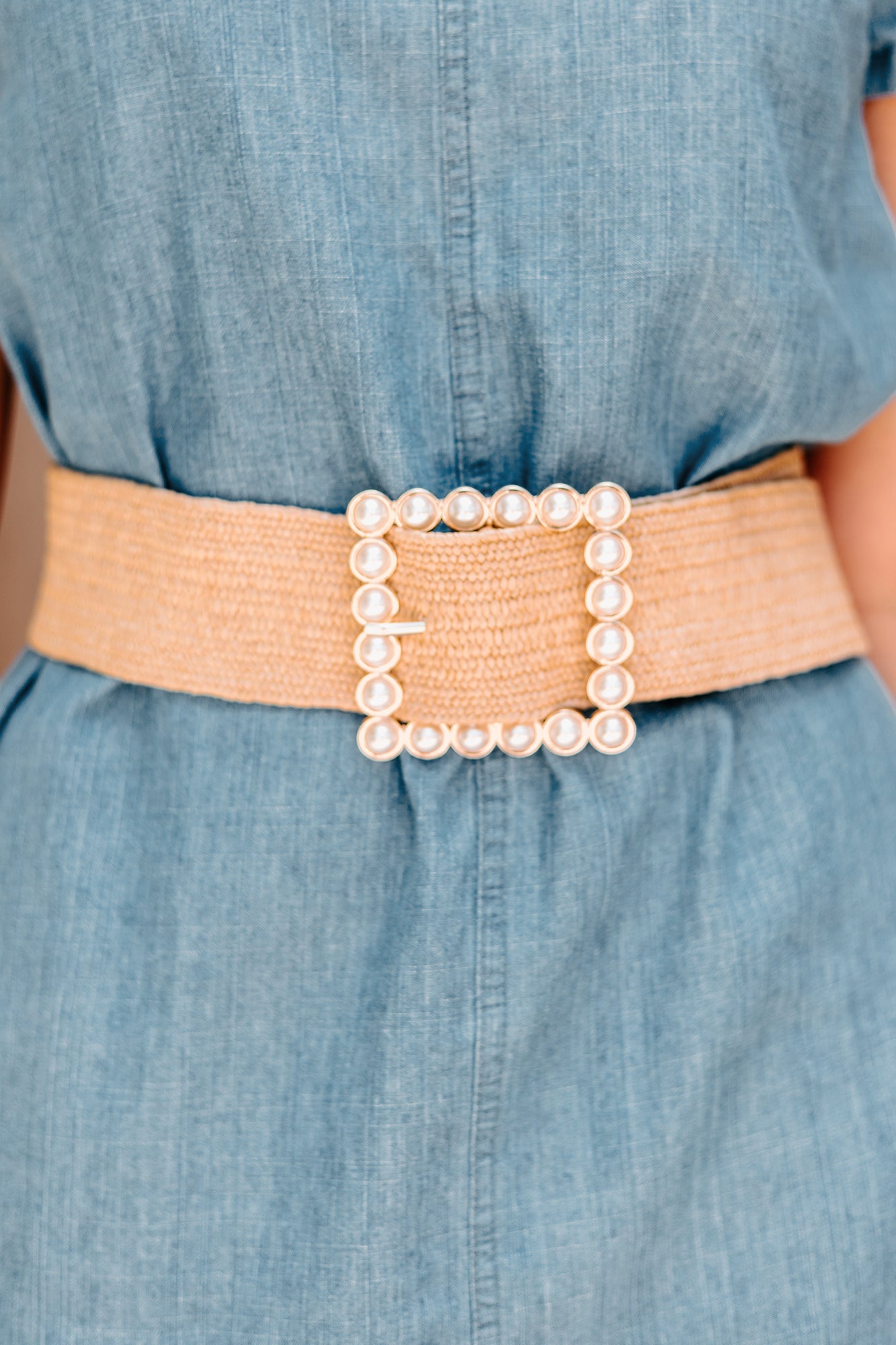 Something Extra Pearl Buckle Woven Elastic Belt (Khaki) - NanaMacs