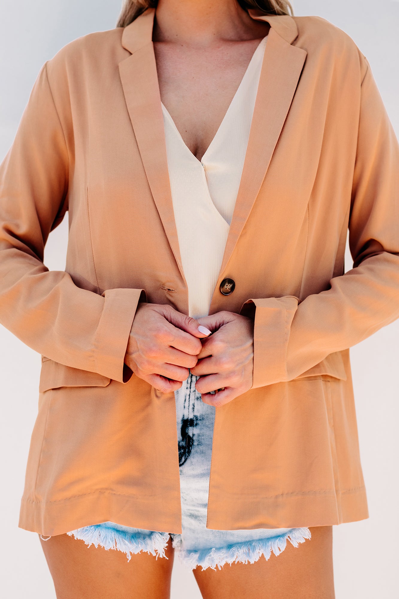 Promotion Time Lightweight Button-Front Blazer (Apricot) - NanaMacs