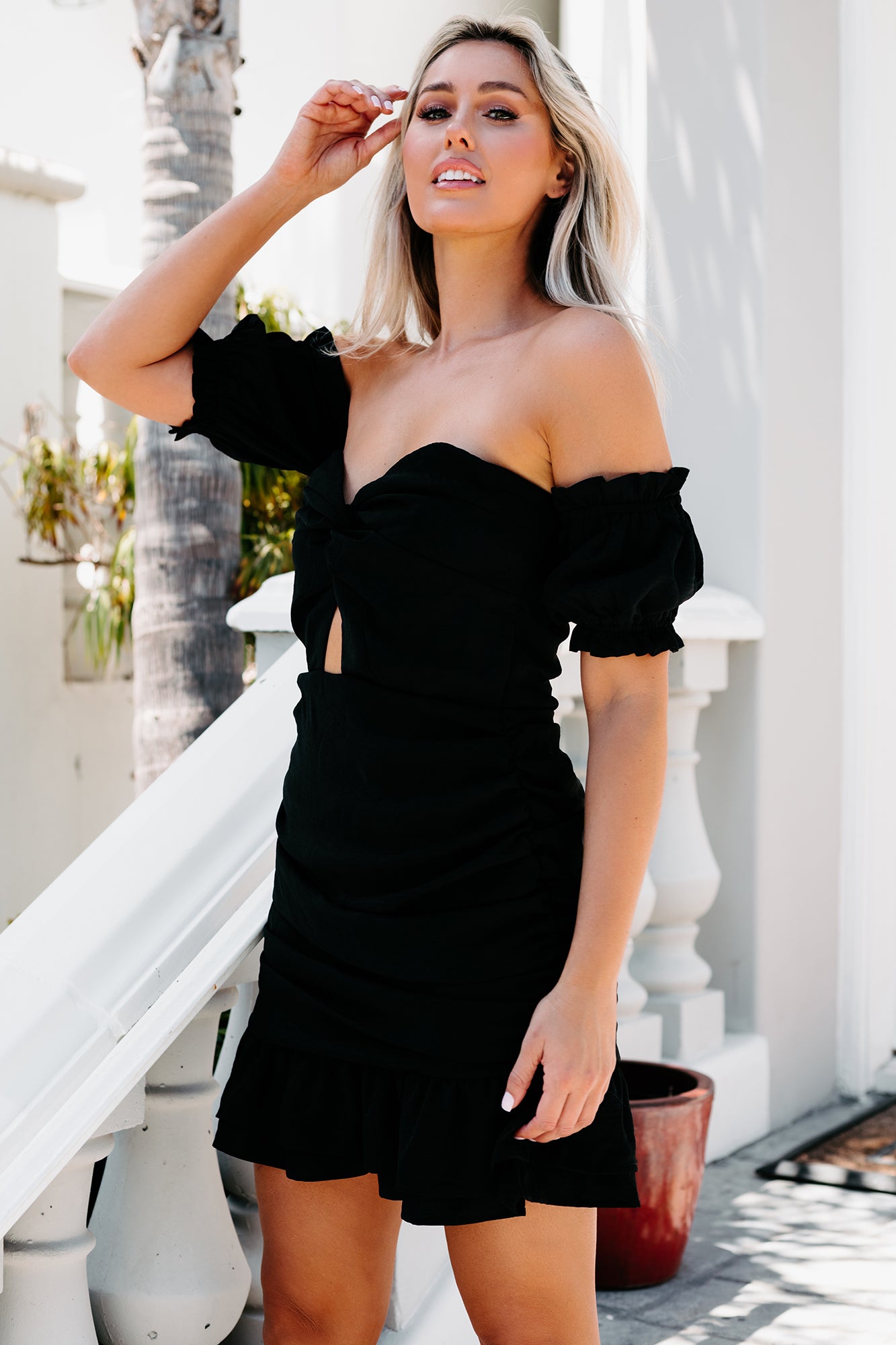 High Ratings Off The Shoulder Ruched Mini Dress (Black) - NanaMacs