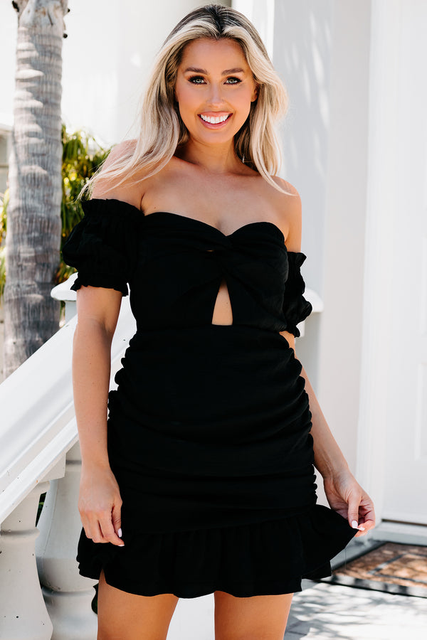 High Ratings Off The Shoulder Ruched Mini Dress (Black) - NanaMacs