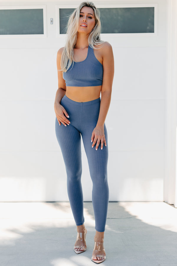 Clarice Ribbed Halter Crop Top & Leggings Set (Blue Haze) - NanaMacs