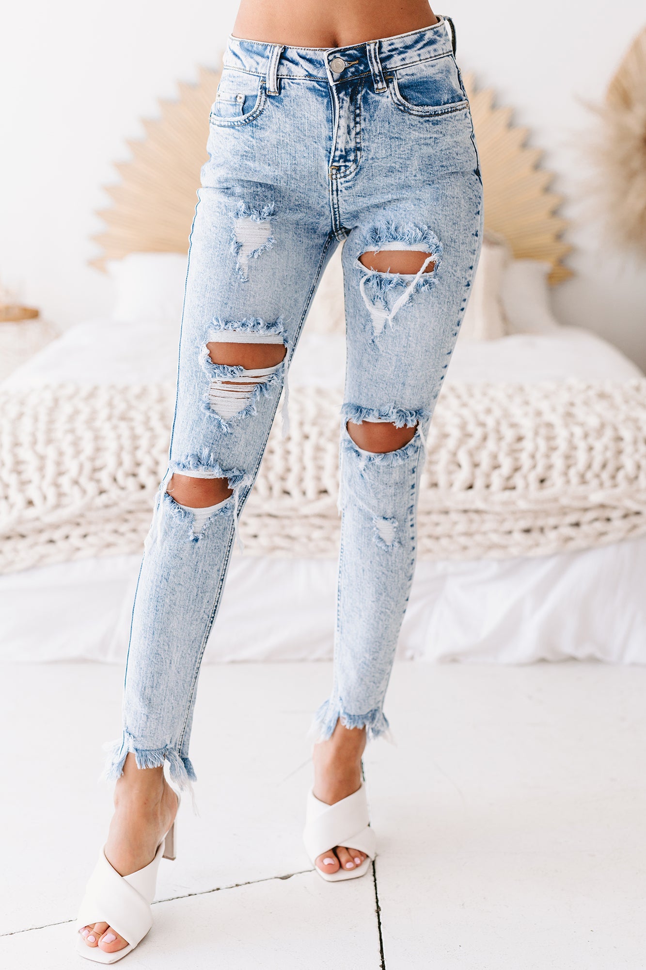 Draya High Rise Acid Wash Distressed Skinny Jeans (Light Acid) - NanaMacs