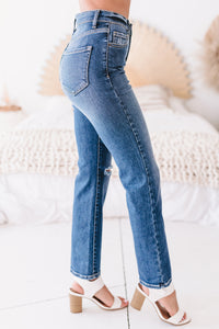 Silvia Sneak Peek High Rise Slim Straight Jeans (Medium Dark) - NanaMacs