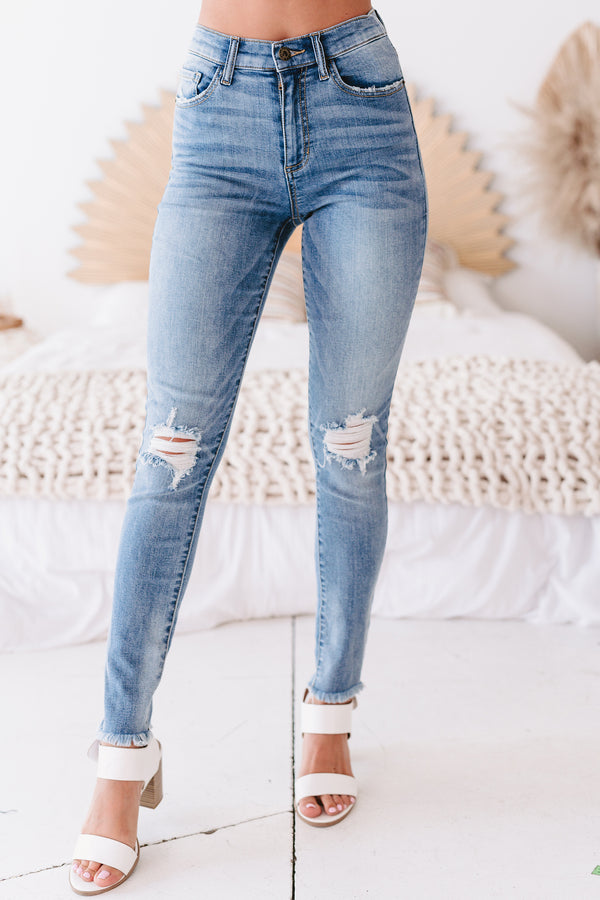 Palmer Sneak Peek Mid-Rise Distressed Frayed Hem Skinny Jeans (Medium Light) - NanaMacs