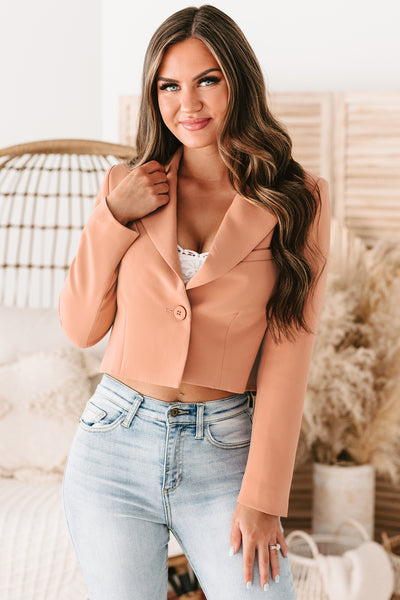 Miss Punctuality Padded Shoulder Cropped Blazer (Apricot) - NanaMacs