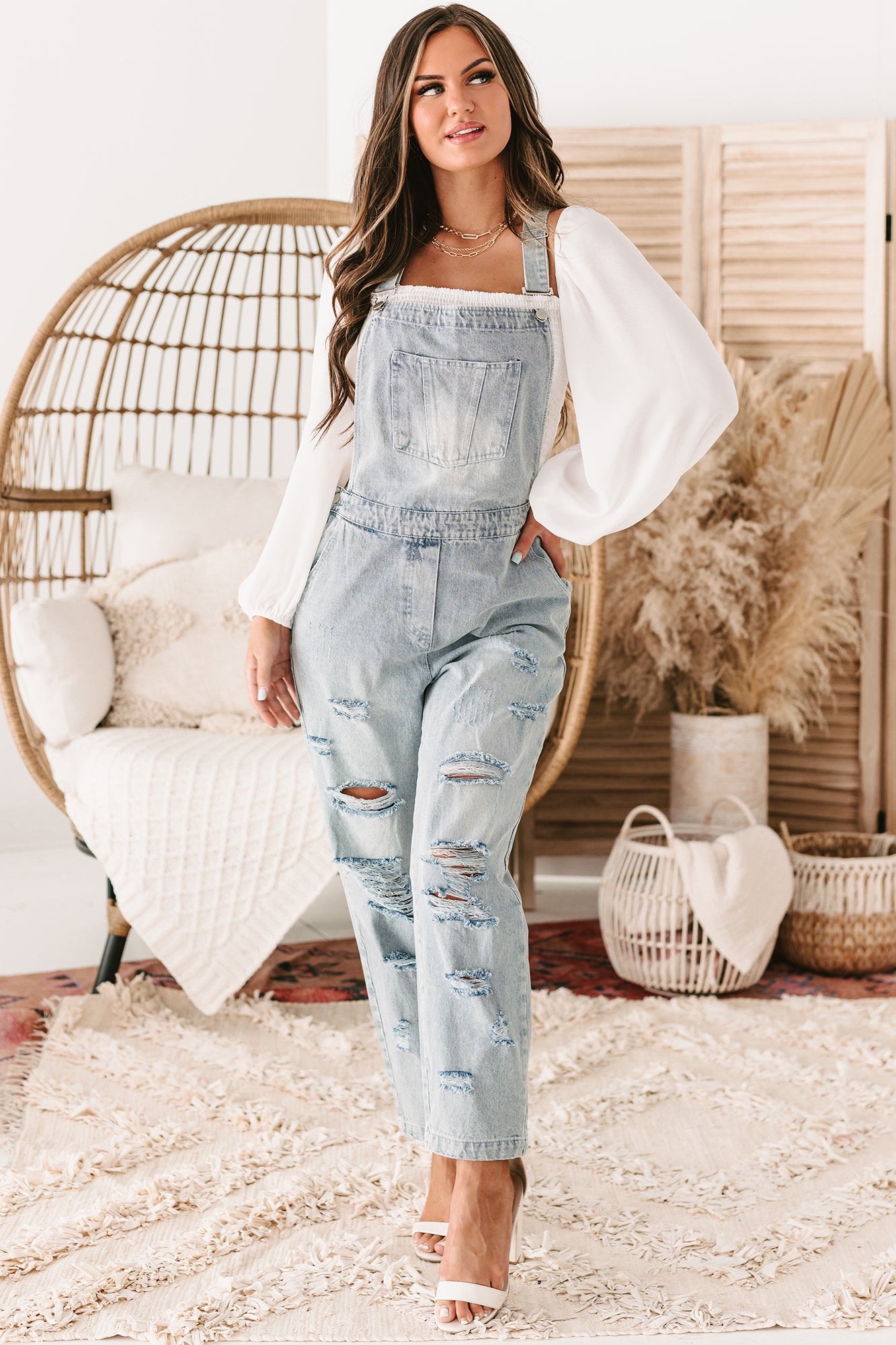 Smile Awhile Distressed Denim Overalls (Denim) - NanaMacs