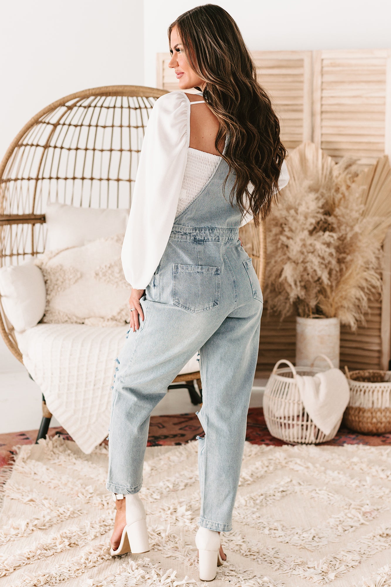 Smile Awhile Distressed Denim Overalls (Denim)