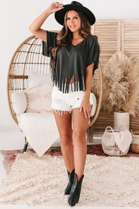 Winona V-Neck Fringed Hem Top (Charcoal) - NanaMacs