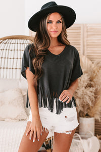 Winona V-Neck Fringed Hem Top (Charcoal) - NanaMacs