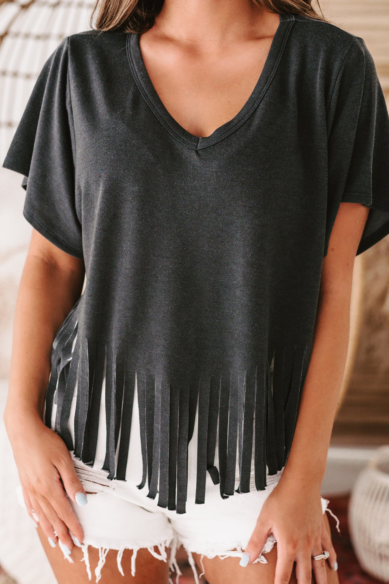 Winona V-Neck Fringed Hem Top (Charcoal) - NanaMacs