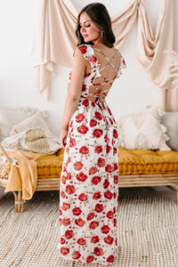 Love & Passion Floral Print Lace-Up Maxi Dress (Red Floral) - NanaMacs