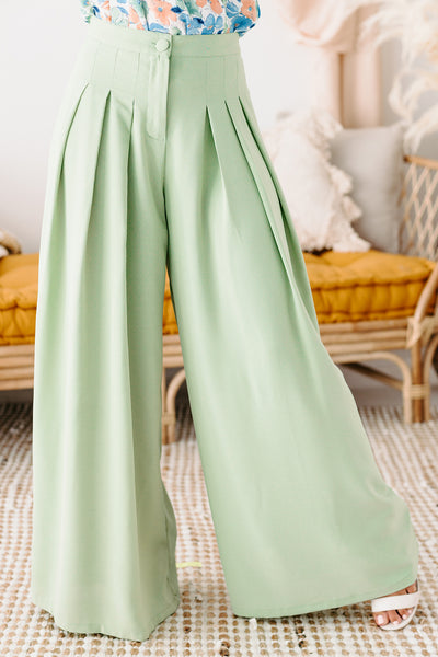 Conference Call High Rise Pleated Wide Leg Pants (Sage) - NanaMacs