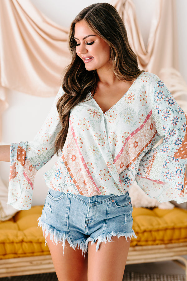 Never Conform Printed Surplice Top (Blue Multi) - NanaMacs