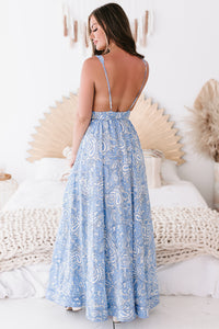 Meaningful Ways Plunging Neck Printed Maxi Dress (White/Blue) - NanaMacs