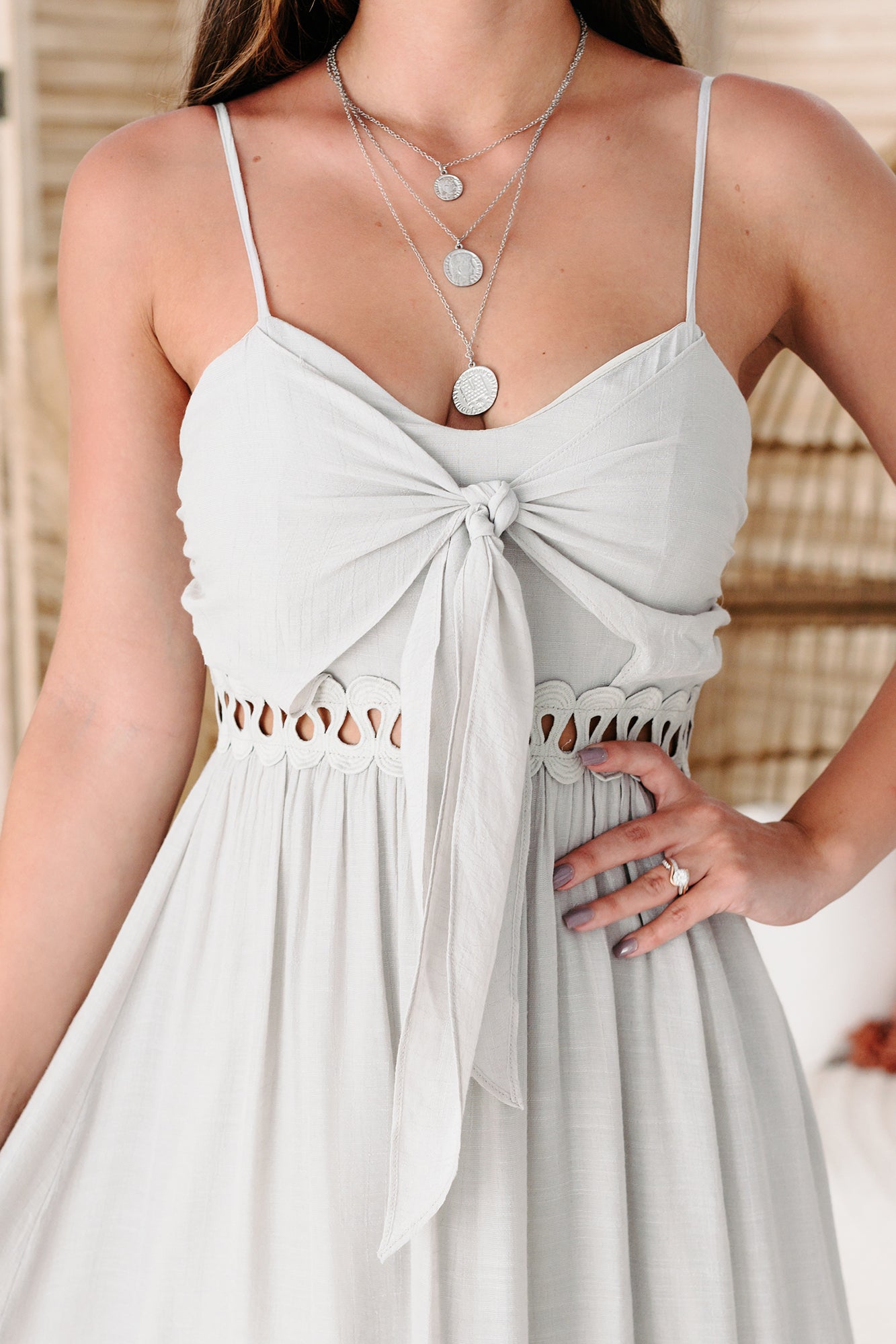 Everyday Stunner Tie-Front High-Low Midi Dress (Light Grey) - NanaMacs