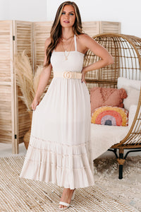 Point Me To Paradise Strappy Smocked Halter Neck Maxi Dress (Ivory) - NanaMacs