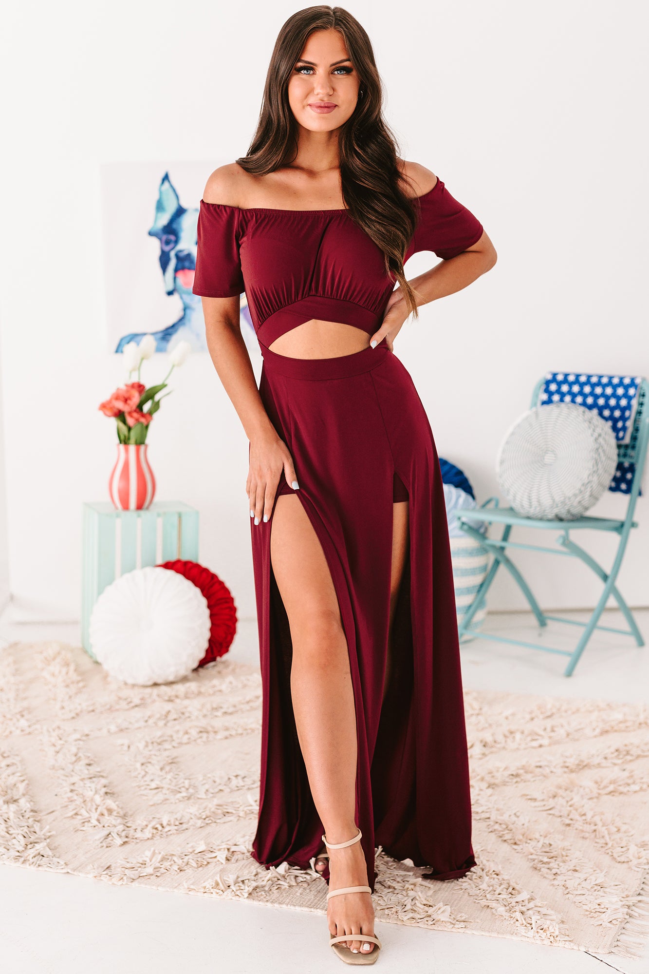 Sealed With A Kiss Off The Shoulder Leg Slit Maxi Dress (Burgundy - Main Image