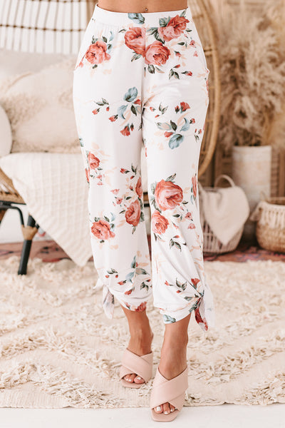 Cabana Casual Floral Print Tie Ankle Pants (Ivory) - NanaMacs