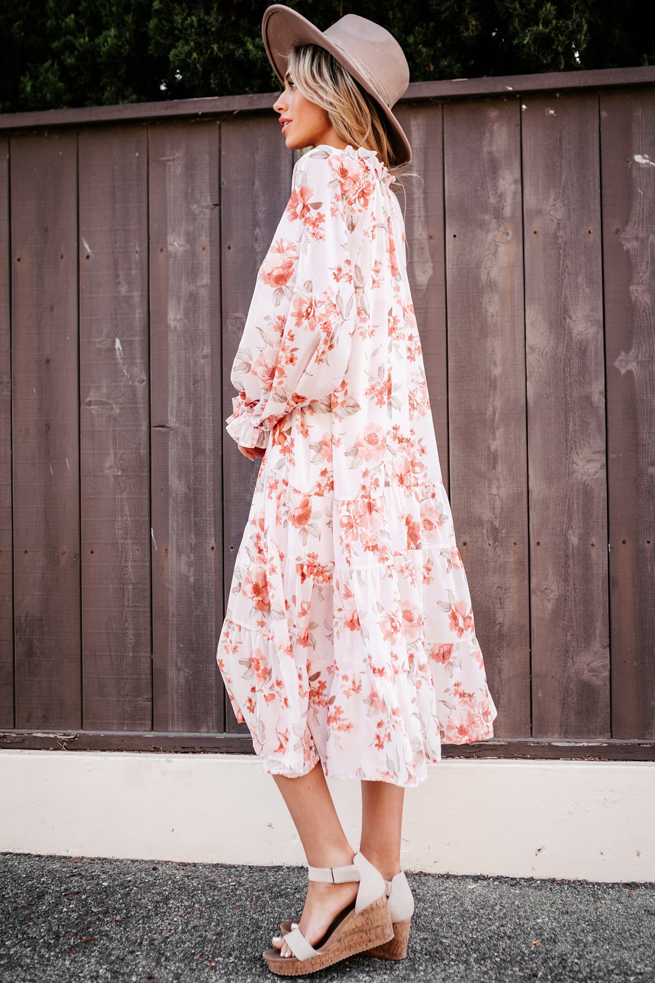 Sweetest Occasion Long Sleeve Tiered Floral Midi Dress (Blush/Rust Multi) - NanaMacs