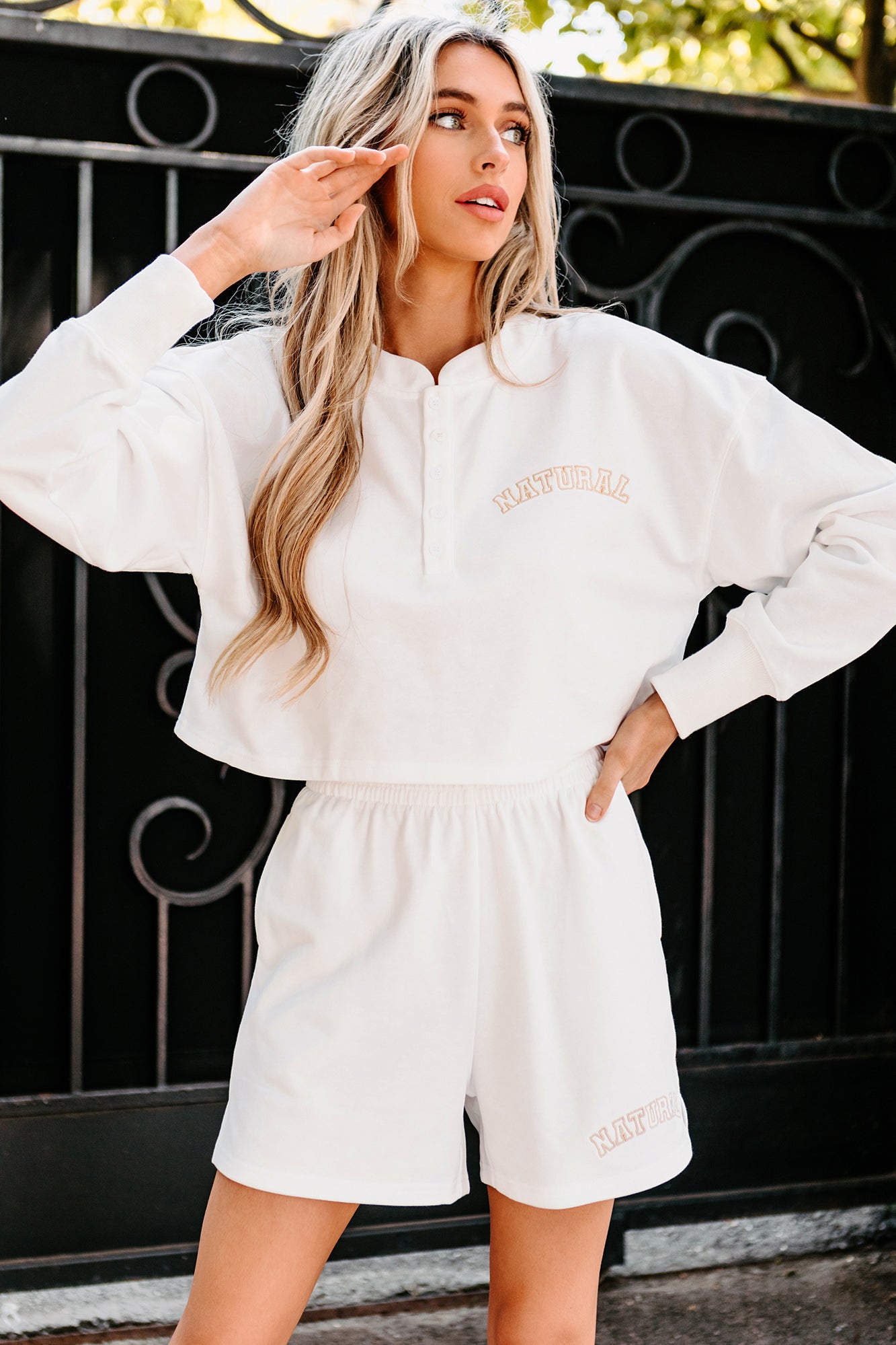 She's A "Natural" Embroidered Button-Neck Long Sleeve Top (Off White) - NanaMacs
