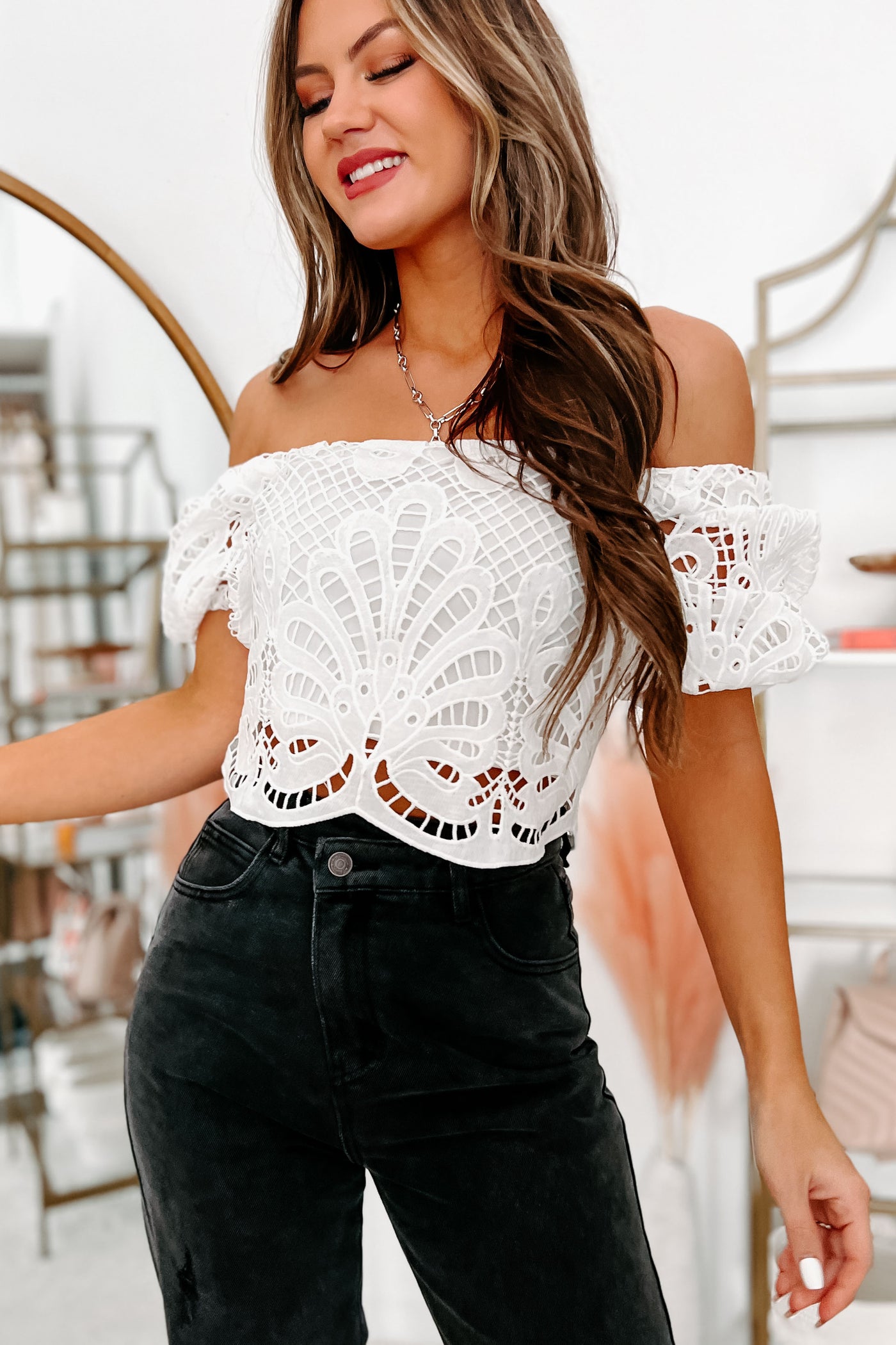 Kasey Lace Puff Sleeve Crop Top (Off White) - NanaMacs