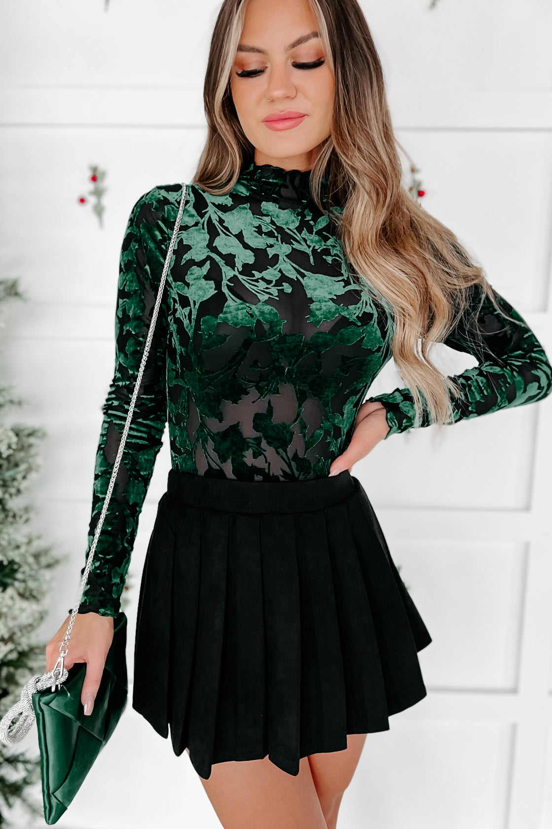 Good Natured Velvet Floral Bodysuit (Green/Black)