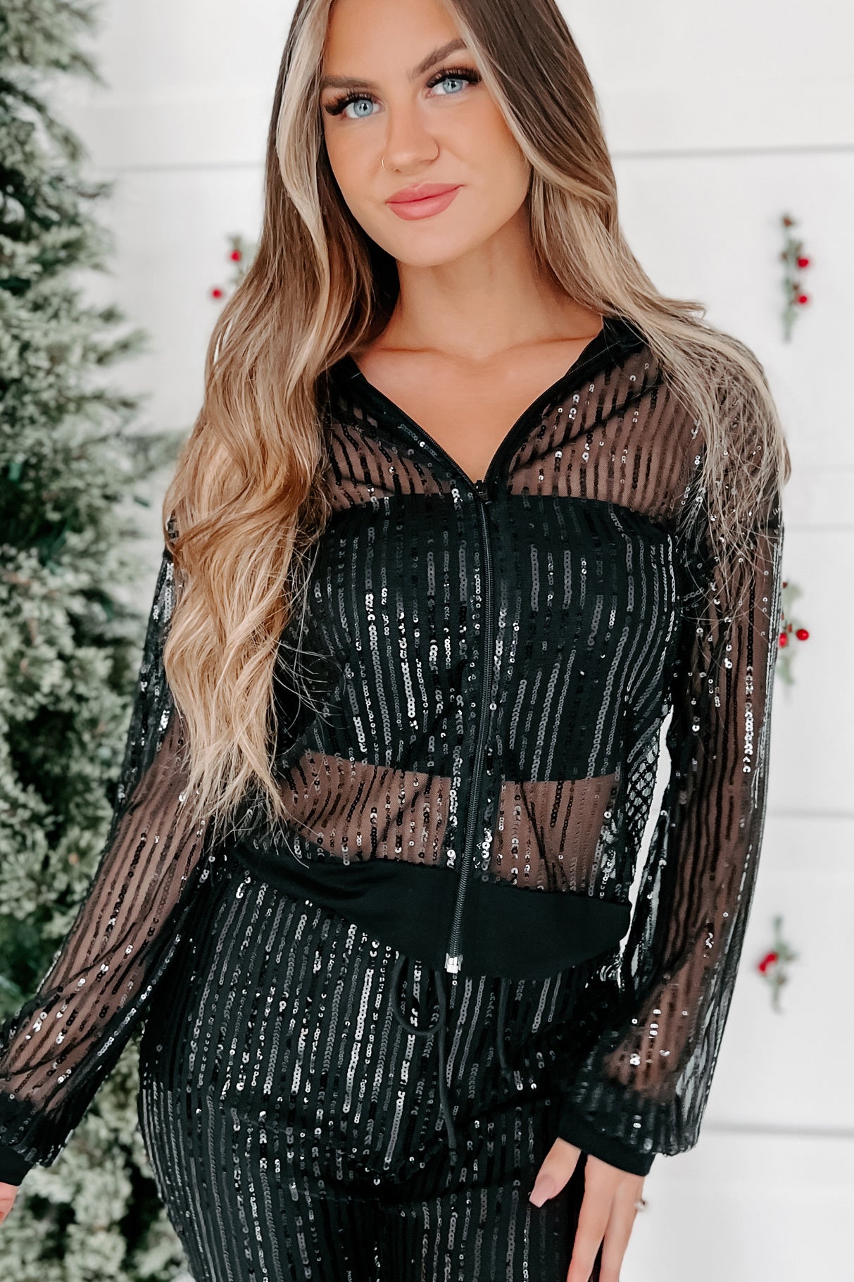 Stay Shining Sequin Sheer Hoodie (Black) - NanaMacs