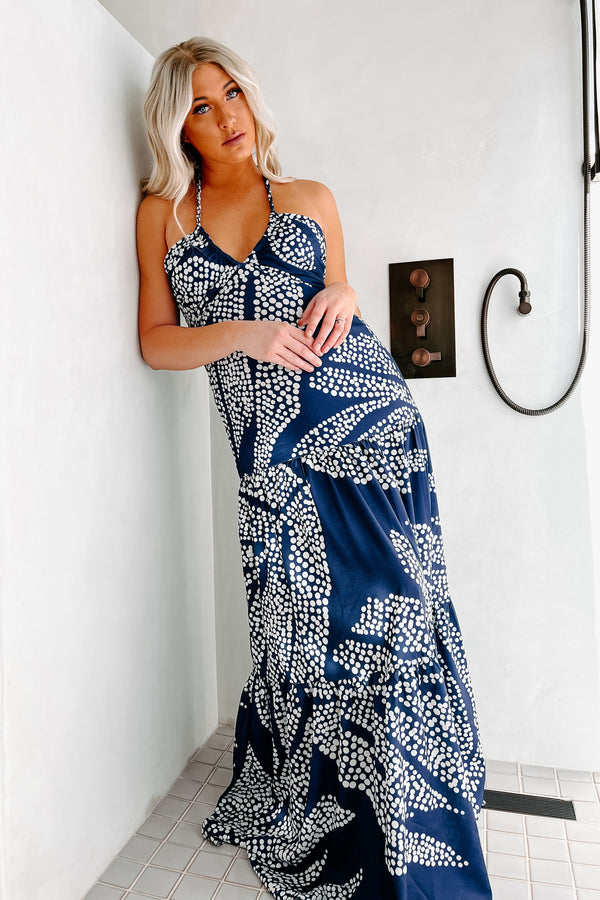 Luring You In Dotted Halter Maxi Dress (Navy) - NanaMacs