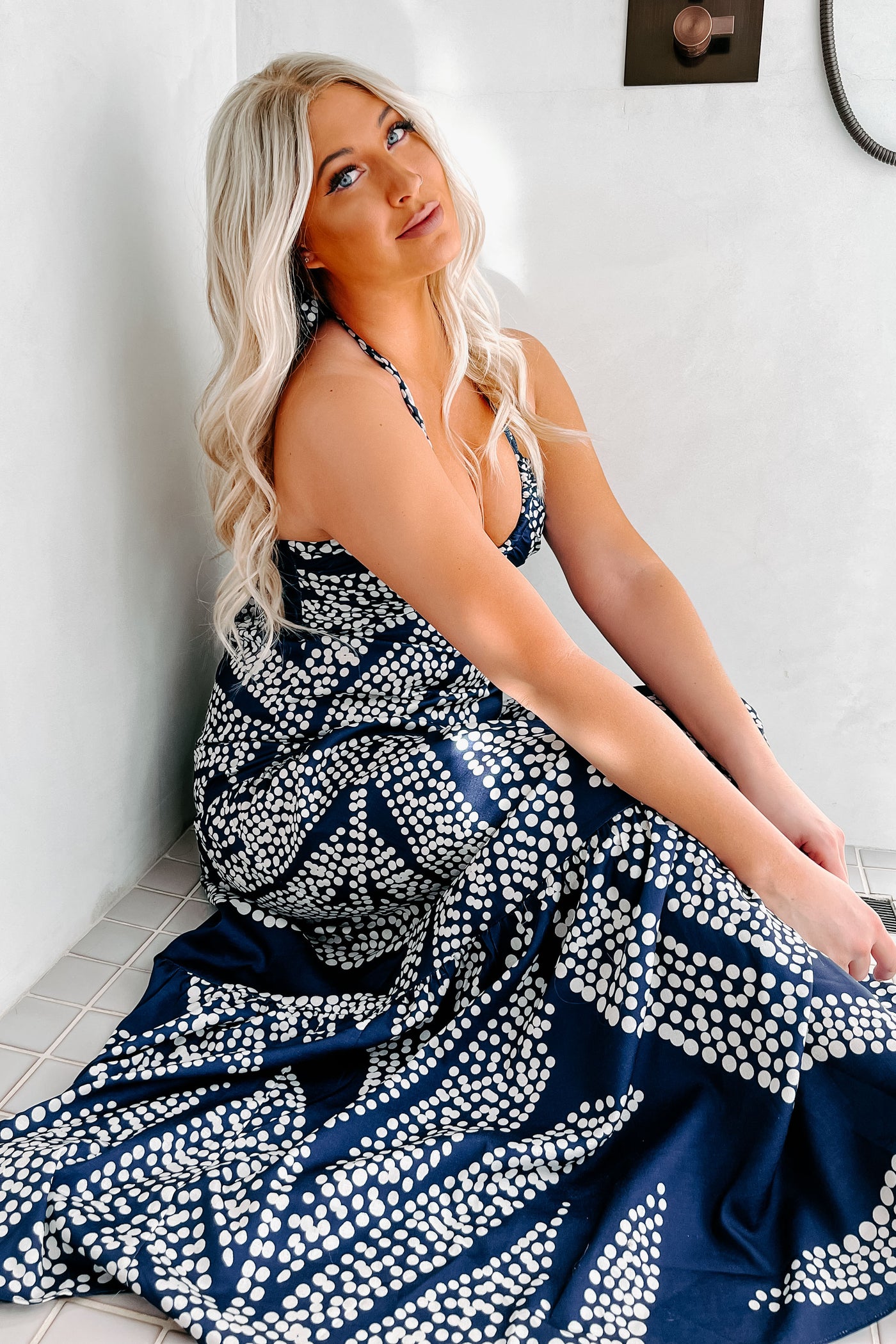Luring You In Dotted Halter Maxi Dress (Navy) - NanaMacs