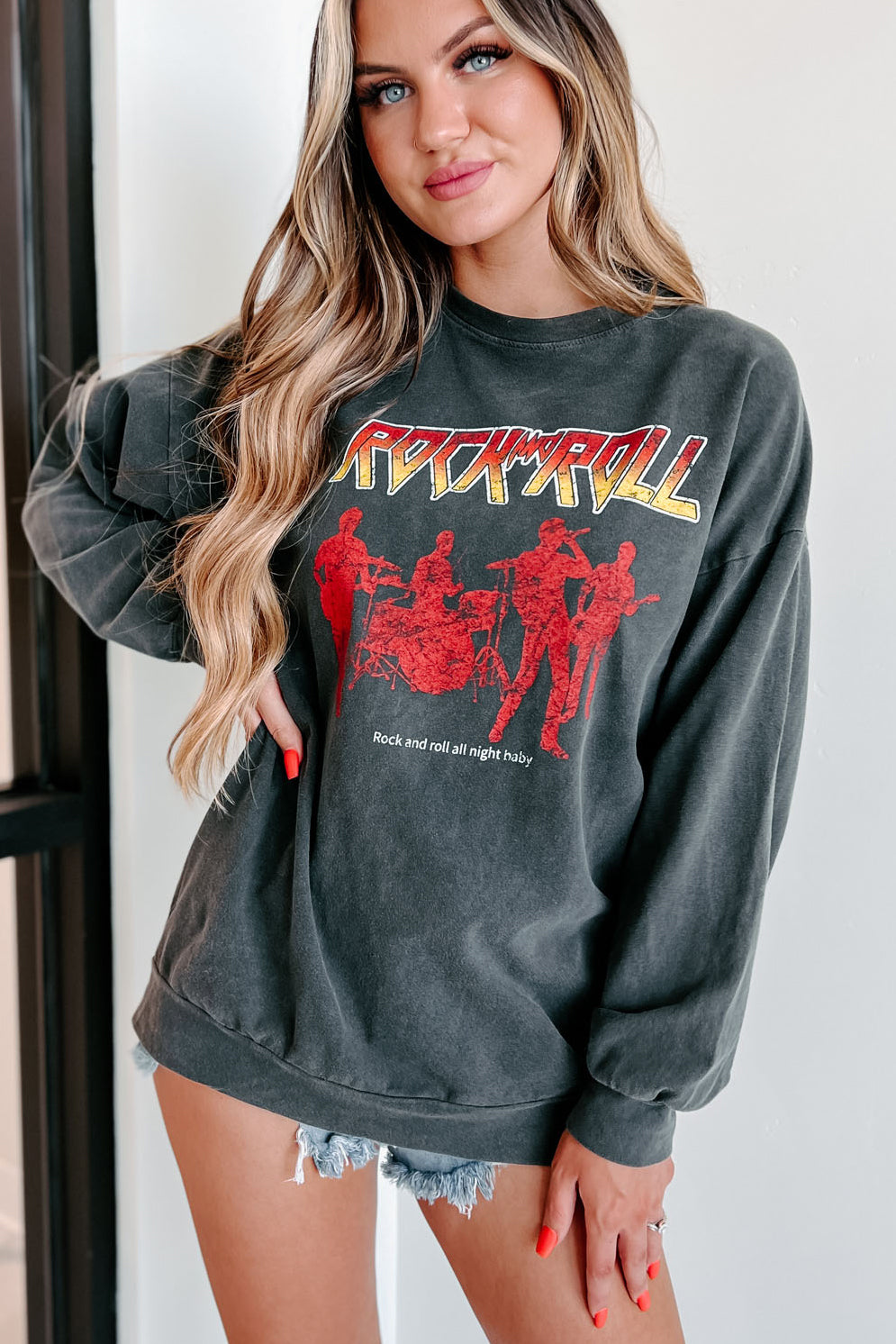 "Rock & Roll All Night Baby" Graphic Long Sleeve Top (Charcoal) - NanaMacs