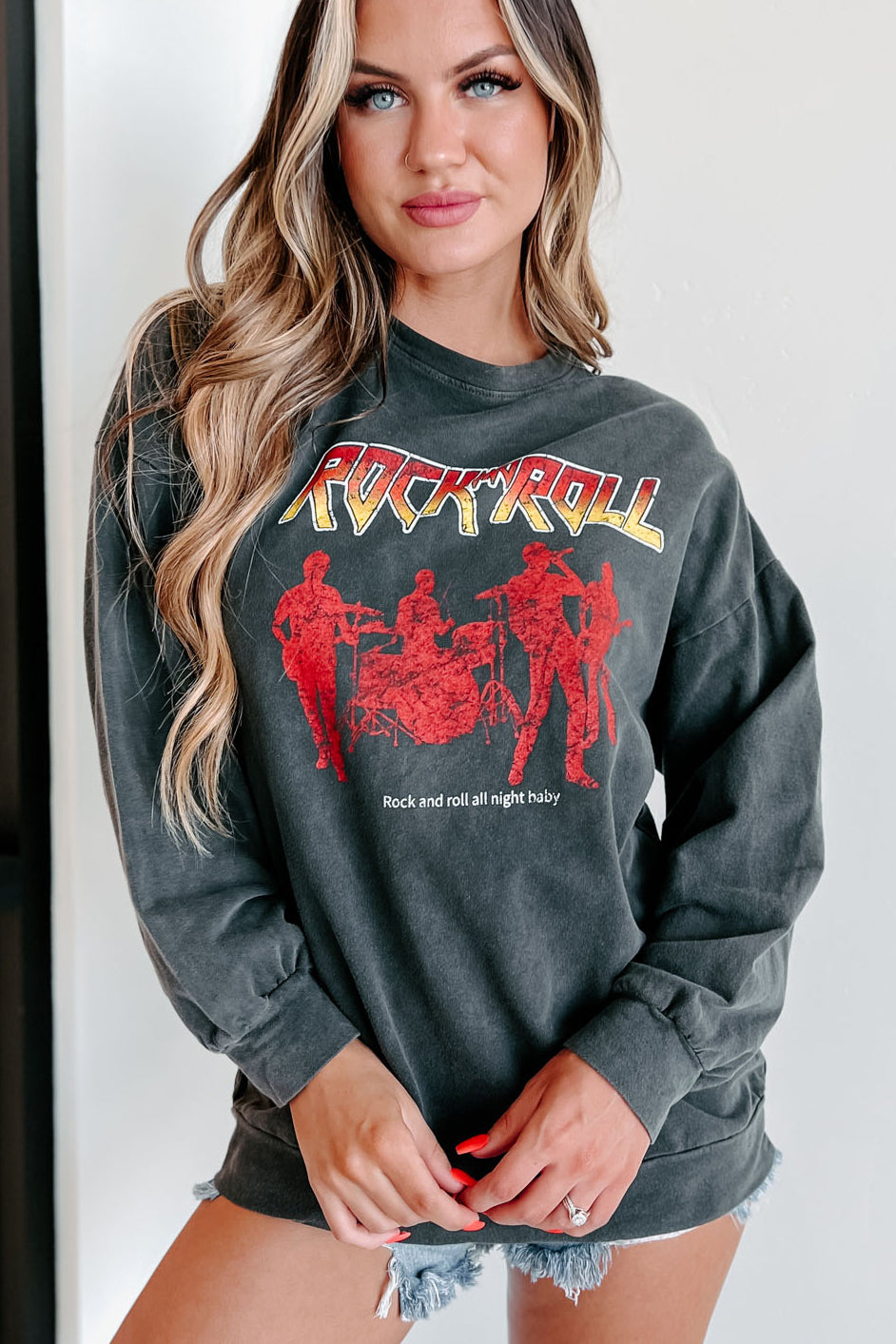 "Rock & Roll All Night Baby" Graphic Long Sleeve Top (Charcoal) - NanaMacs