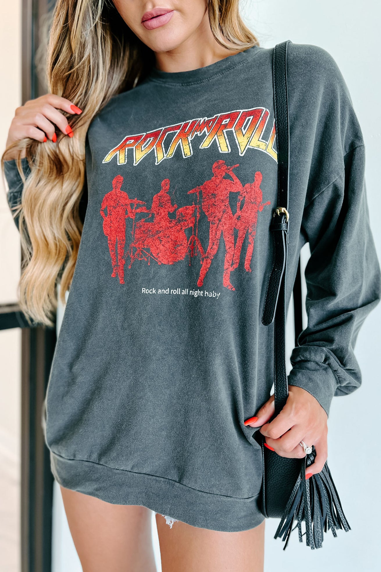 "Rock & Roll All Night Baby" Graphic Long Sleeve Top (Charcoal) - NanaMacs