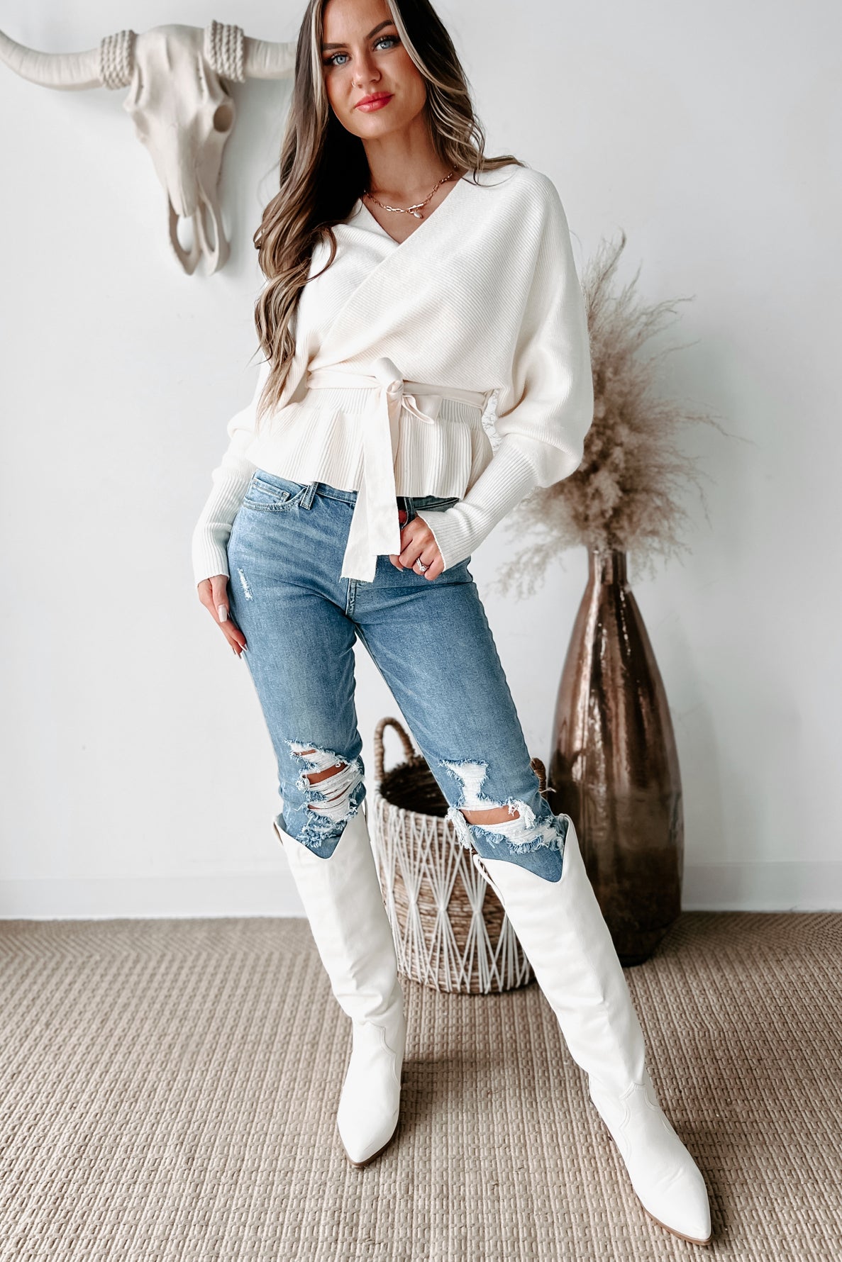 Keeping It Together V-Neck Dolman Sleeve Sweater (Ivory) - NanaMacs