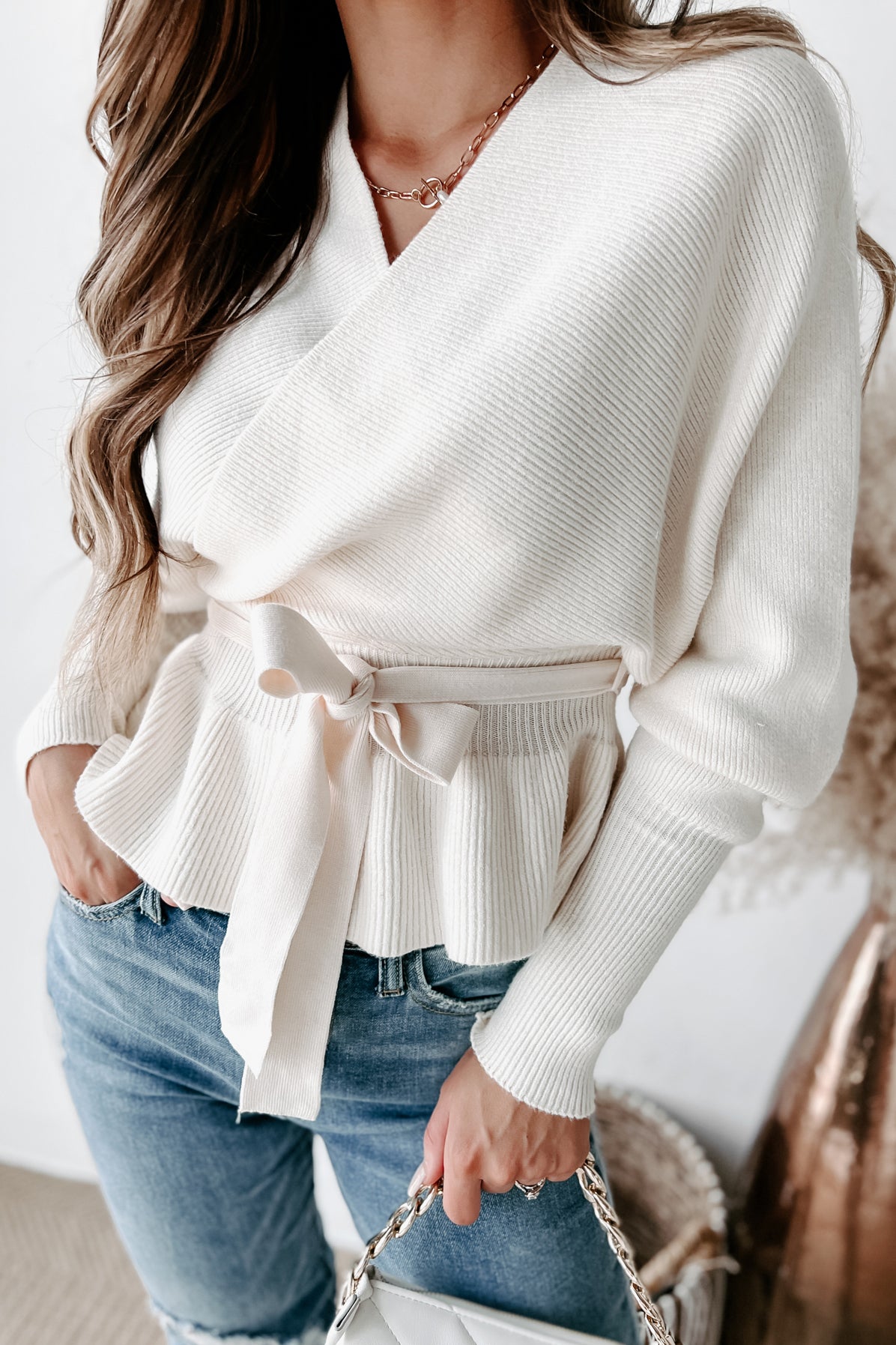 Keeping It Together V-Neck Dolman Sleeve Sweater (Ivory) - NanaMacs