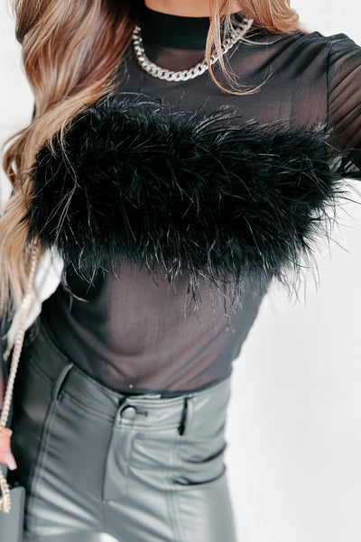 All In My Feathers Mesh Feather Top (Black) - NanaMacs
