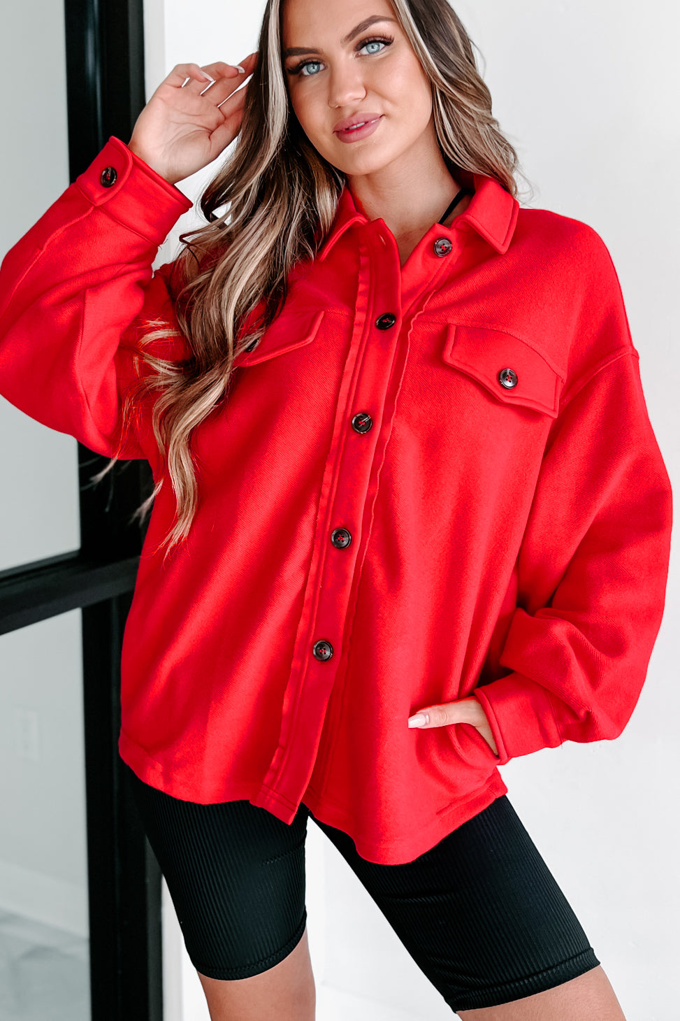 Simple Statements Button-Front Shacket (Red) - NanaMacs