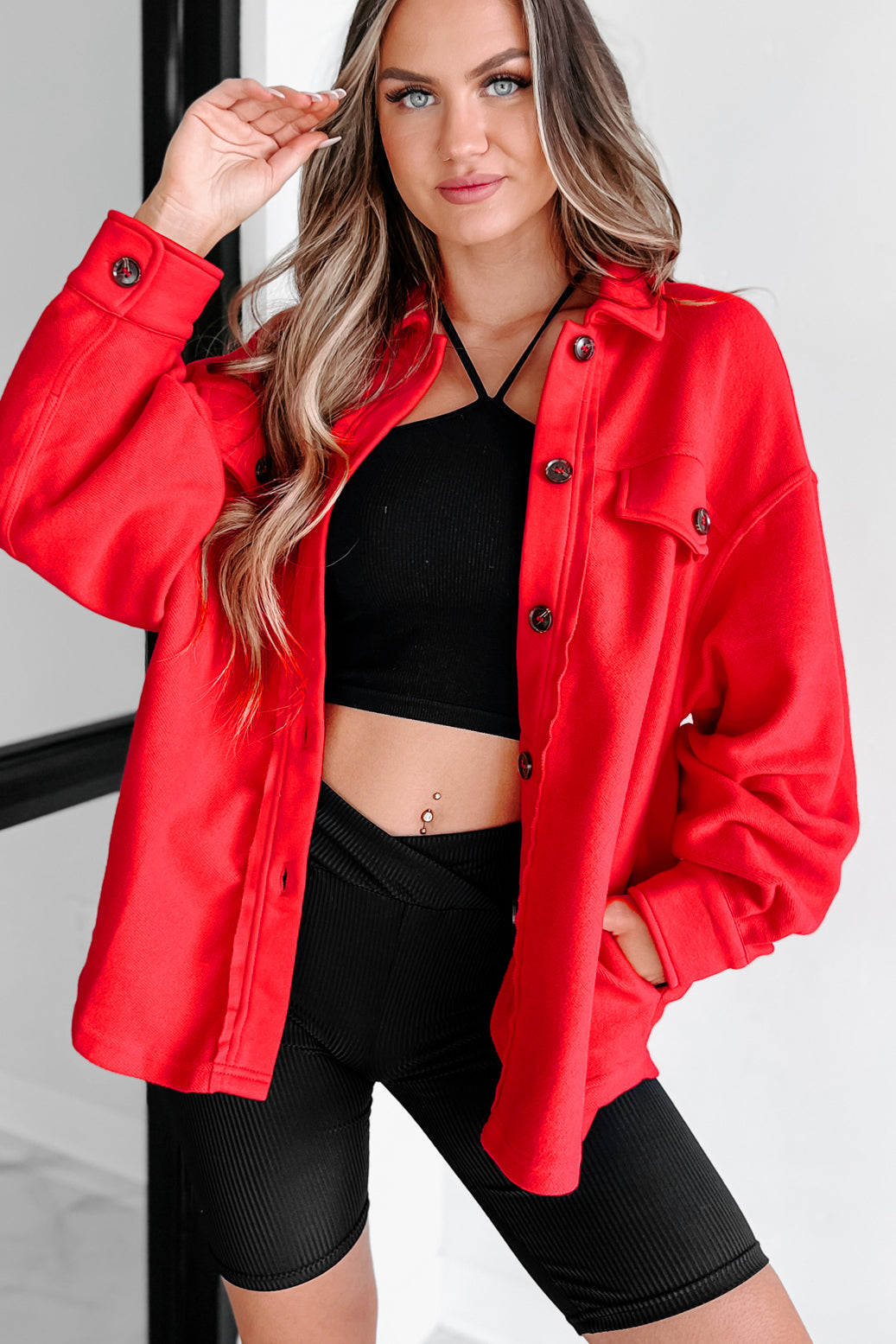 Simple Statements Button-Front Shacket (Red) - NanaMacs