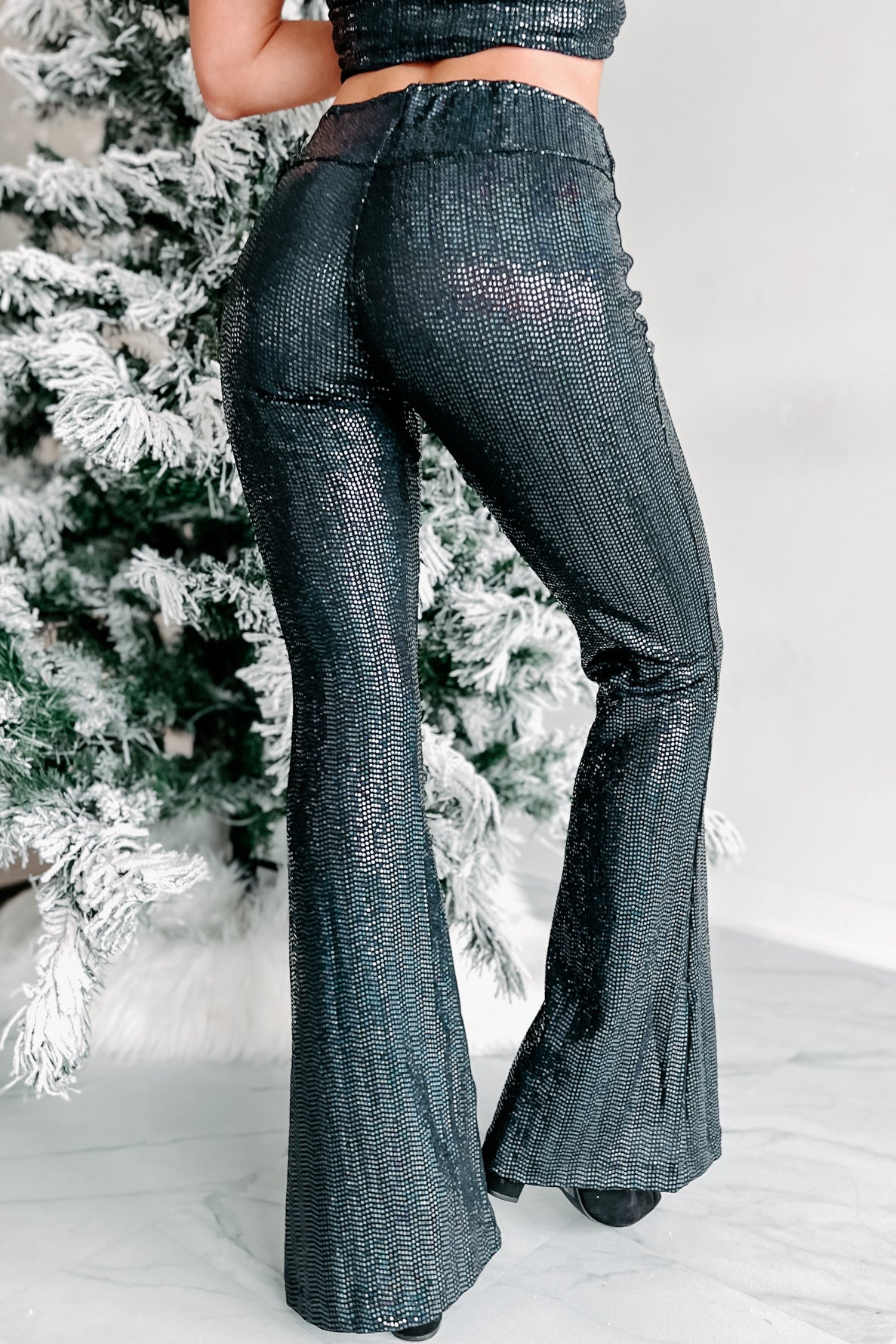 Too Good Sequin Flare Leg Pants (Black) - NanaMacs