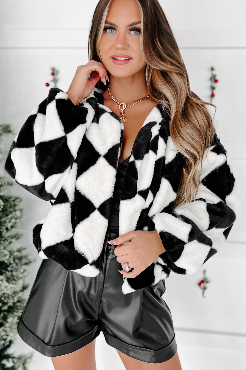 Checkered fuzzy outlet jacket