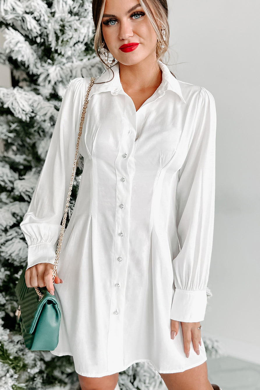 Clean Getaway Pearl Button Shirt Dress White