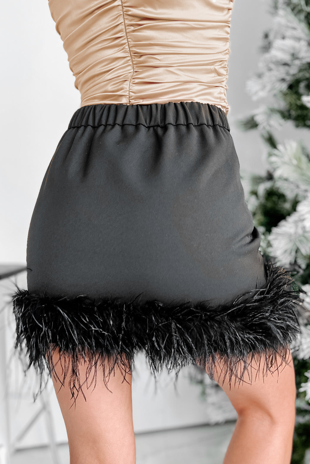 Ruffle My Feathers High Waisted Faux Feather Trim Mini Skirt (Black) - NanaMacs