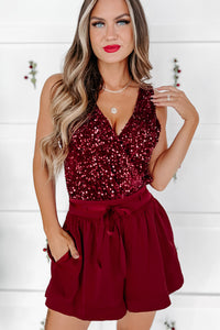 Just Glamorous Velvet Sequin Bodysuit (Wine) - NanaMacs