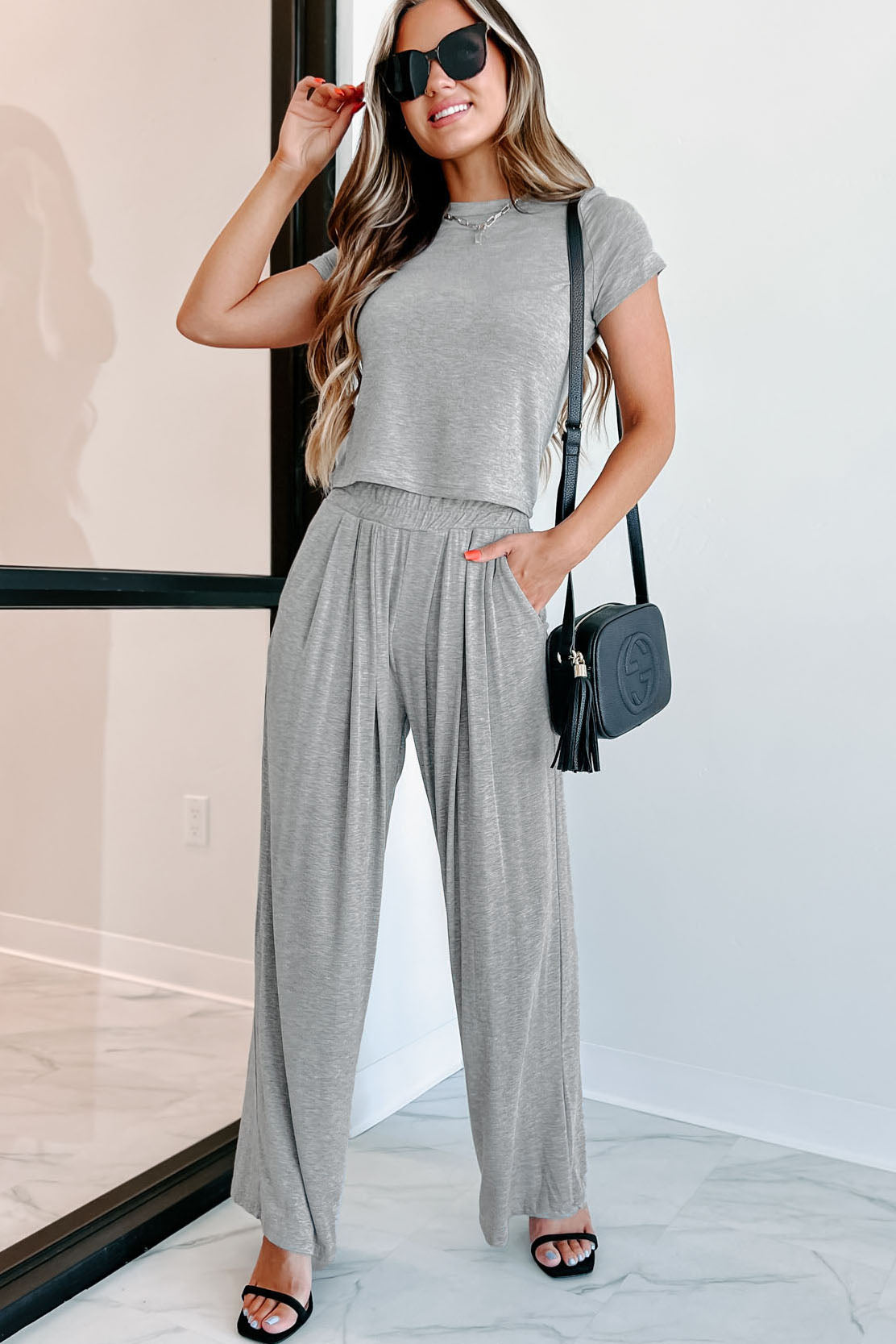 I'm Staying Home T-Shirt & Palazzo Pants Two-Piece Set (Heather Grey) - NanaMacs