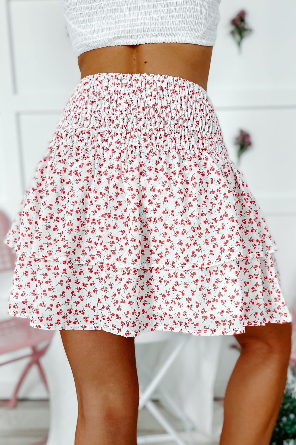 Delightful Darling Smocked Floral Mini Skirt (Off White) - NanaMacs